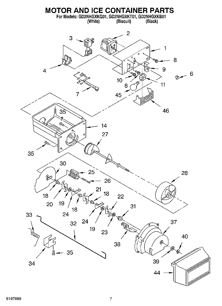 MOTOR AND ICE CONTAINER Diagram and Parts List for GD2NHGXKB01  Whirlpool Refrigerator