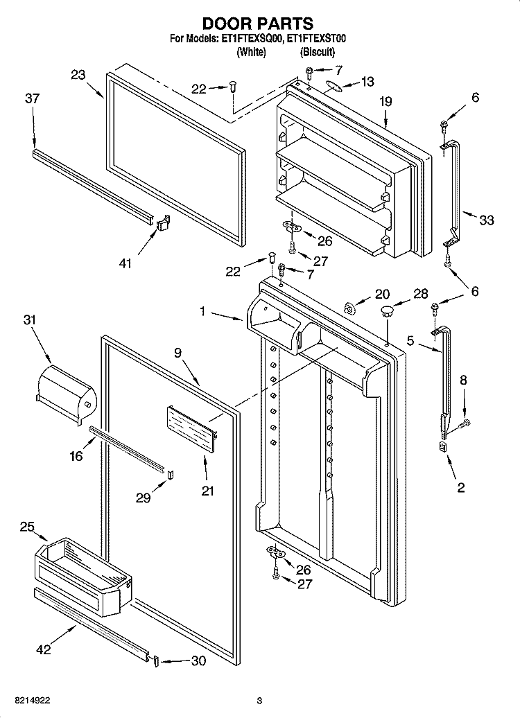DOOR PARTS Diagram and Parts List for ET1FTEXSQ00  Whirlpool Refrigerator