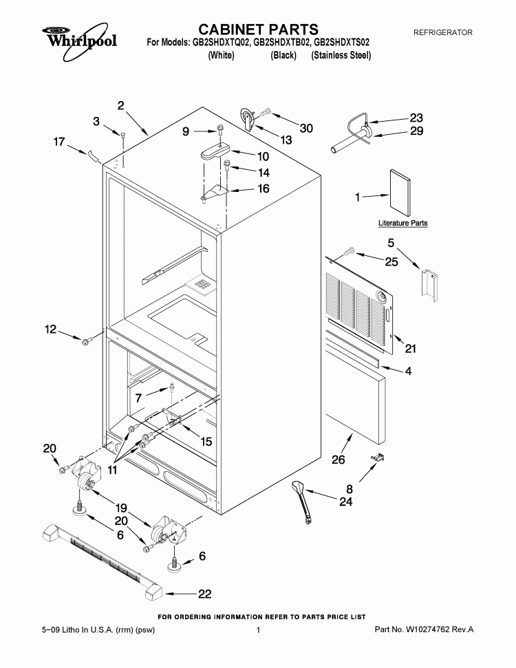 CABINET PARTS Diagram and Parts List for GB2SHDXTQ02  Whirlpool Refrigerator