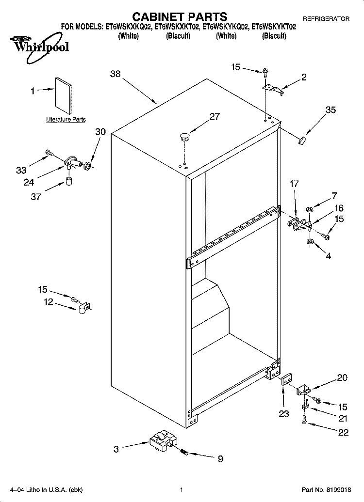 CABINET PARTS Diagram and Parts List for ET6WSKYKT02  Whirlpool Refrigerator