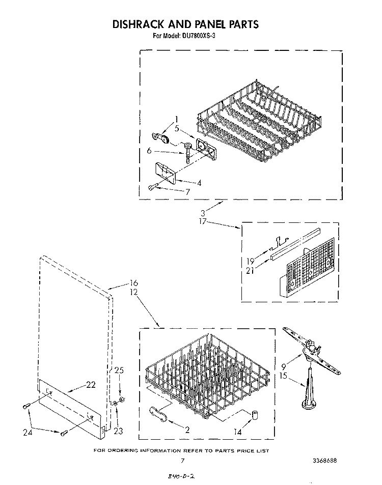 DISHRACK AND PANEL Diagram and Parts List for  Whirlpool Dishwasher