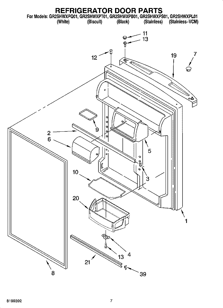 REFRIGERATOR DOOR PARTS Diagram and Parts List for GR2SHWXPL01  Whirlpool Refrigerator