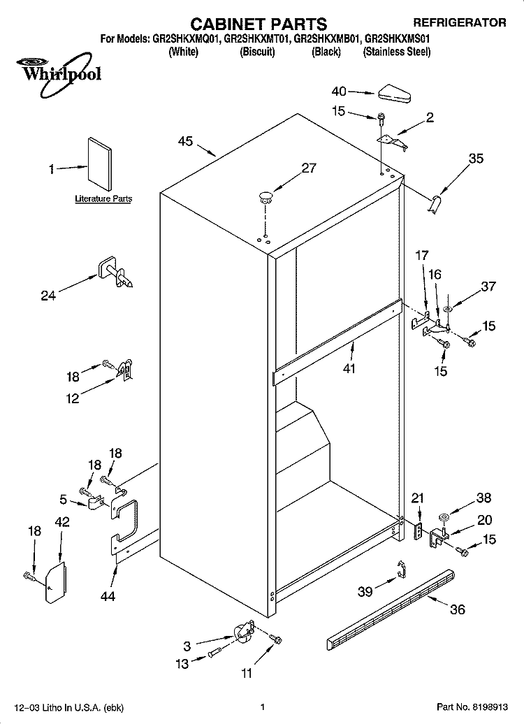 CABINET PARTS Diagram and Parts List for GR2SHKXMT01  Whirlpool Refrigerator