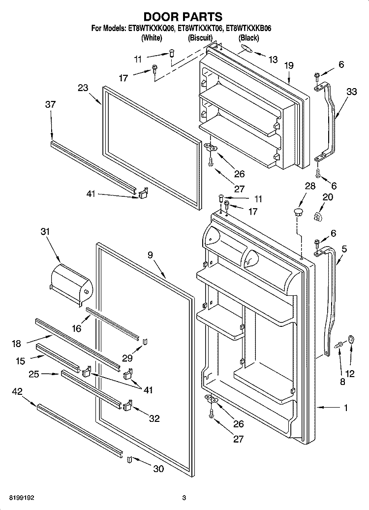 DOOR PARTS Diagram and Parts List for ET8WTKXKQ06  Whirlpool Refrigerator