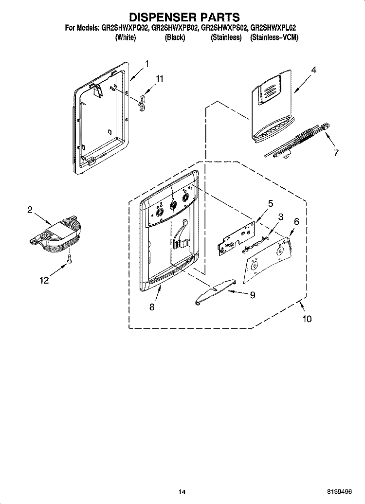 DISPENSER PARTS, OPTIONAL PARTS Diagram and Parts List for GR2SHWXPL02  Whirlpool Refrigerator