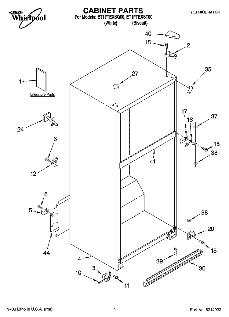 CABINET PARTS Diagram and Parts List for ET1FTEXSQ00  Whirlpool Refrigerator