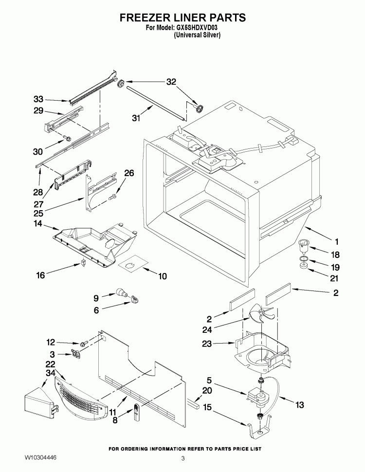 FREEZER LINER PARTS Diagram and Parts List for  Whirlpool Refrigerator