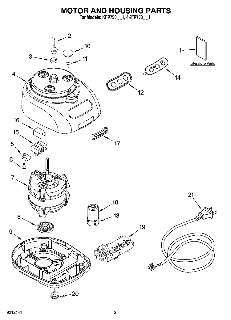 MOTOR AND HOUSING PARTS Diagram and Parts List for  KitchenAid Food Processor