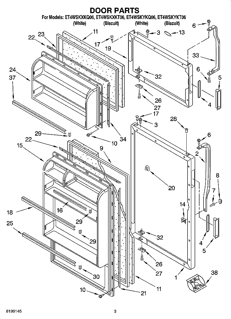DOOR PARTS Diagram and Parts List for ET4WSKXKQ06  Whirlpool Refrigerator