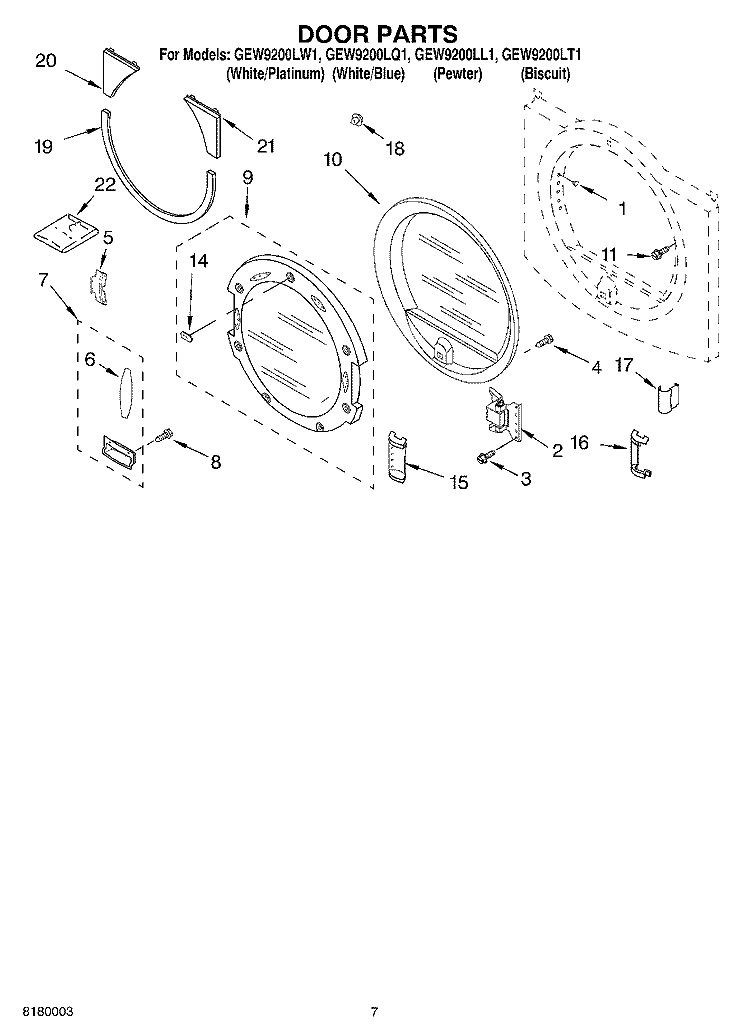 DOOR PARTS Diagram and Parts List for  Whirlpool Dryer