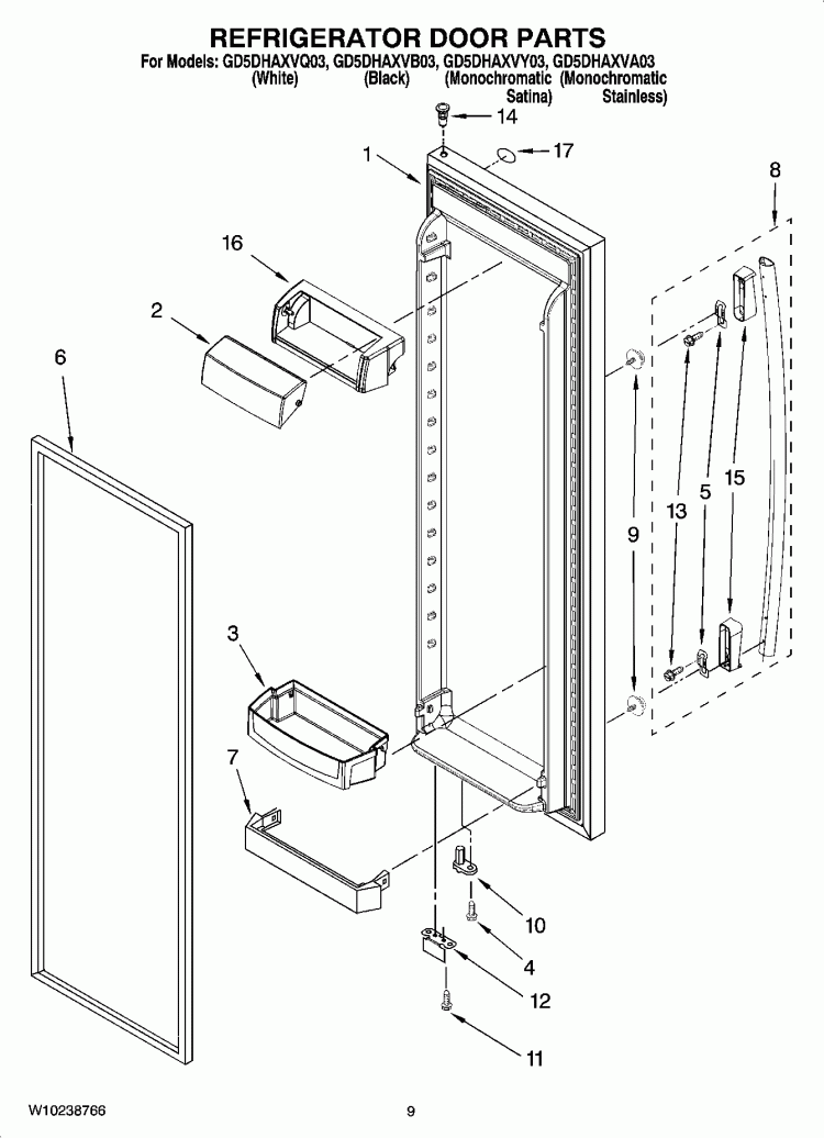 REFRIGERATOR DOOR PARTS Diagram and Parts List for GD5DHAXVB03  Whirlpool Refrigerator