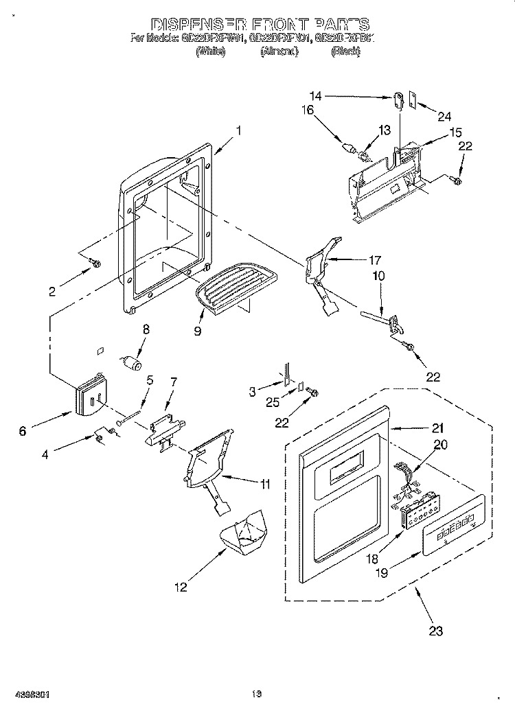 DISPENSER FRONT Diagram and Parts List for GD22DFXFB01  Whirlpool Refrigerator
