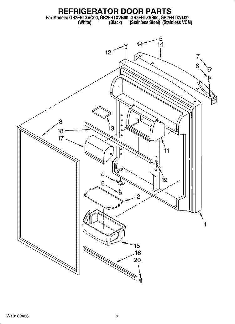 REFRIGERATOR DOOR PARTS Diagram and Parts List for GR2FHTXVQ00  Whirlpool Refrigerator