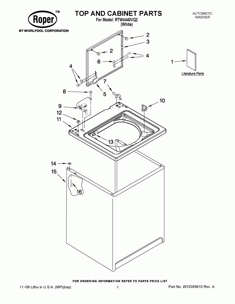 TOP AND CABINET PARTS Diagram and Parts List for  Roper Washer