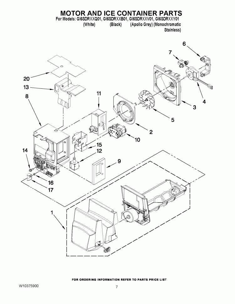 MOTOR AND ICE CONTAINER PARTS Diagram and Parts List for GI6SDRXXB01  Whirlpool Refrigerator