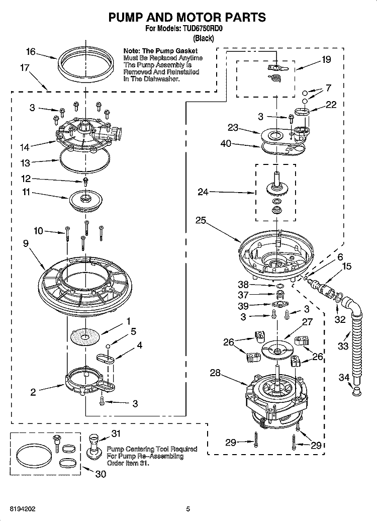 PUMP AND MOTOR PARTS Diagram and Parts List for  Estate Dishwasher