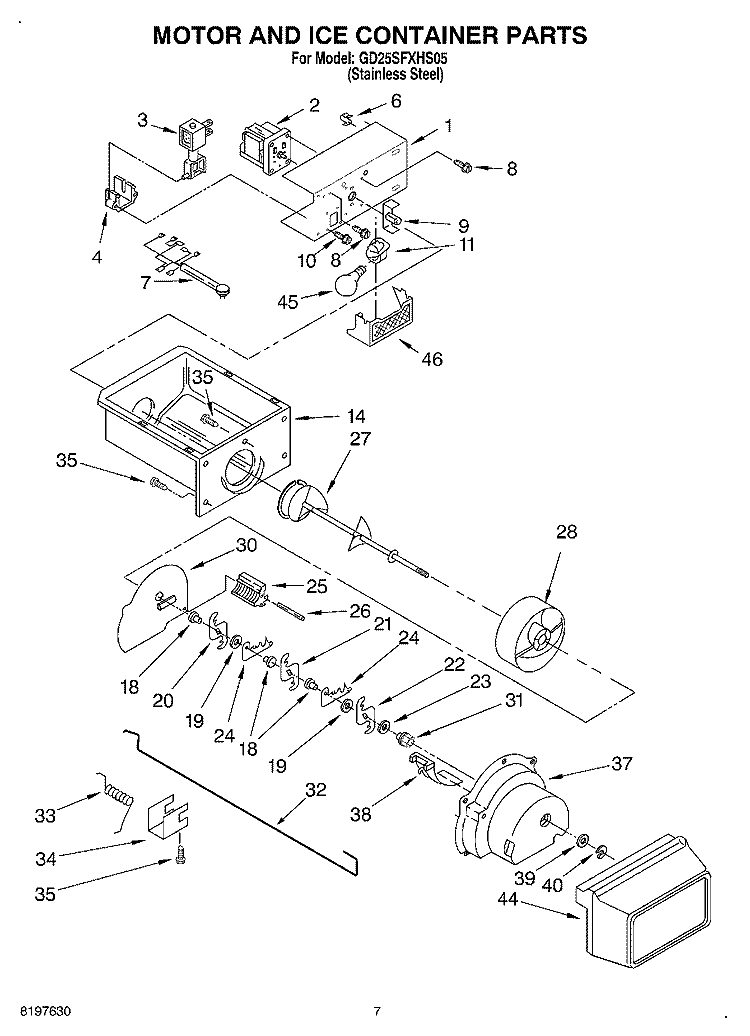MOTOR AND ICE CONTAINER Diagram and Parts List for GD25SFXHS05  Whirlpool Refrigerator