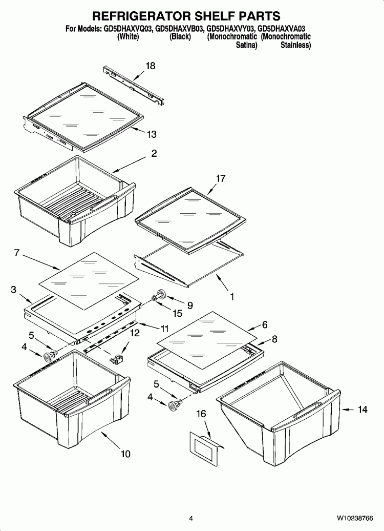 REFRIGERATOR SHELF PARTS Diagram and Parts List for GD5DHAXVB03  Whirlpool Refrigerator