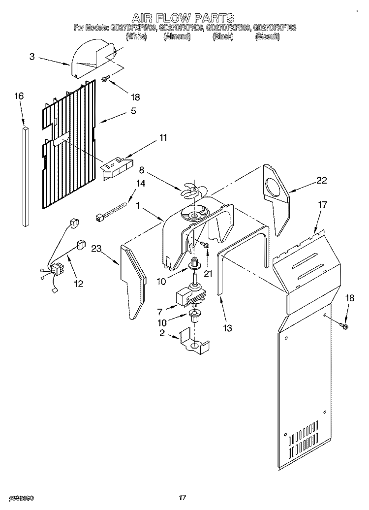 AIR FLOW Diagram and Parts List for GD27DFXFT03  Whirlpool Refrigerator