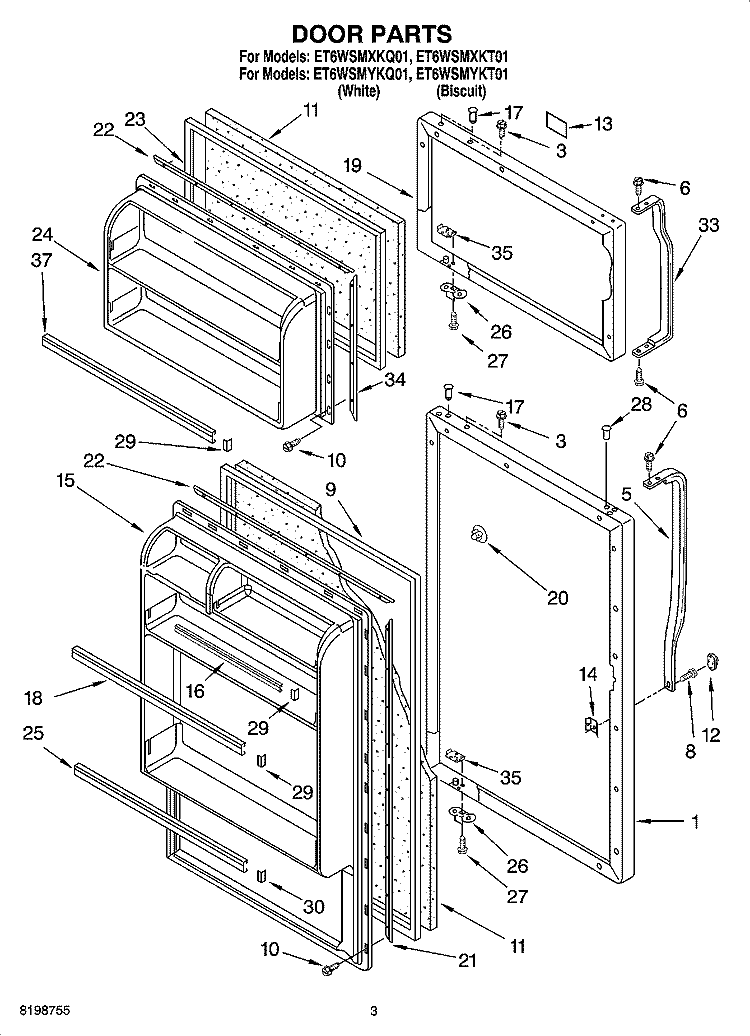 DOOR PARTS Diagram and Parts List for ET6WSMYKQ01  Whirlpool Refrigerator