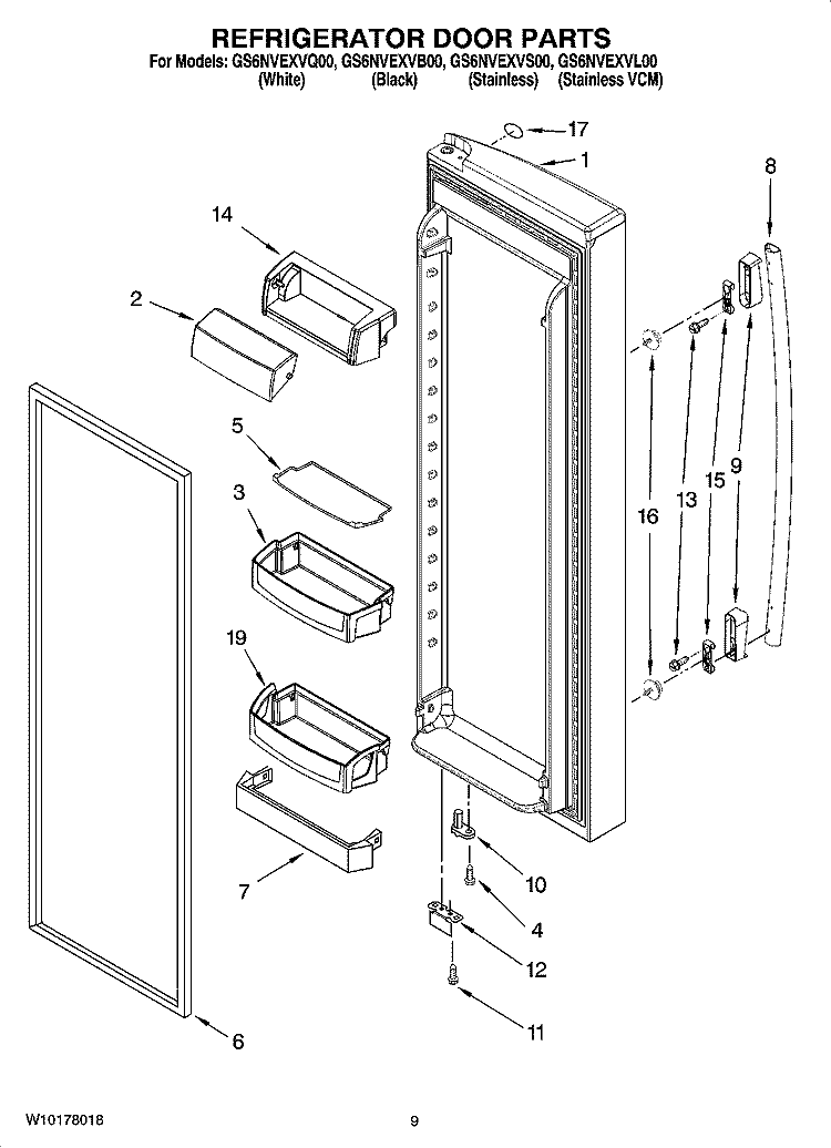 REFRIGERATOR DOOR PARTS Diagram and Parts List for GS6NVEXVS00  Whirlpool Refrigerator