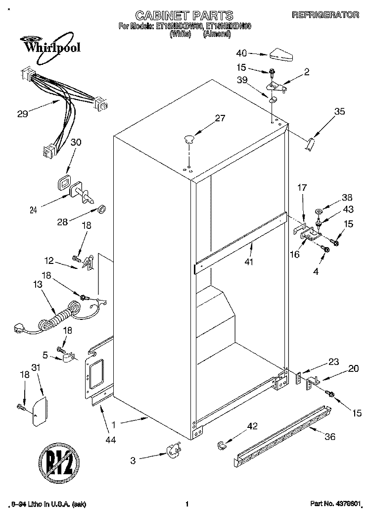 CABINET Diagram and Parts List for ET18NMXDN00  Whirlpool Refrigerator