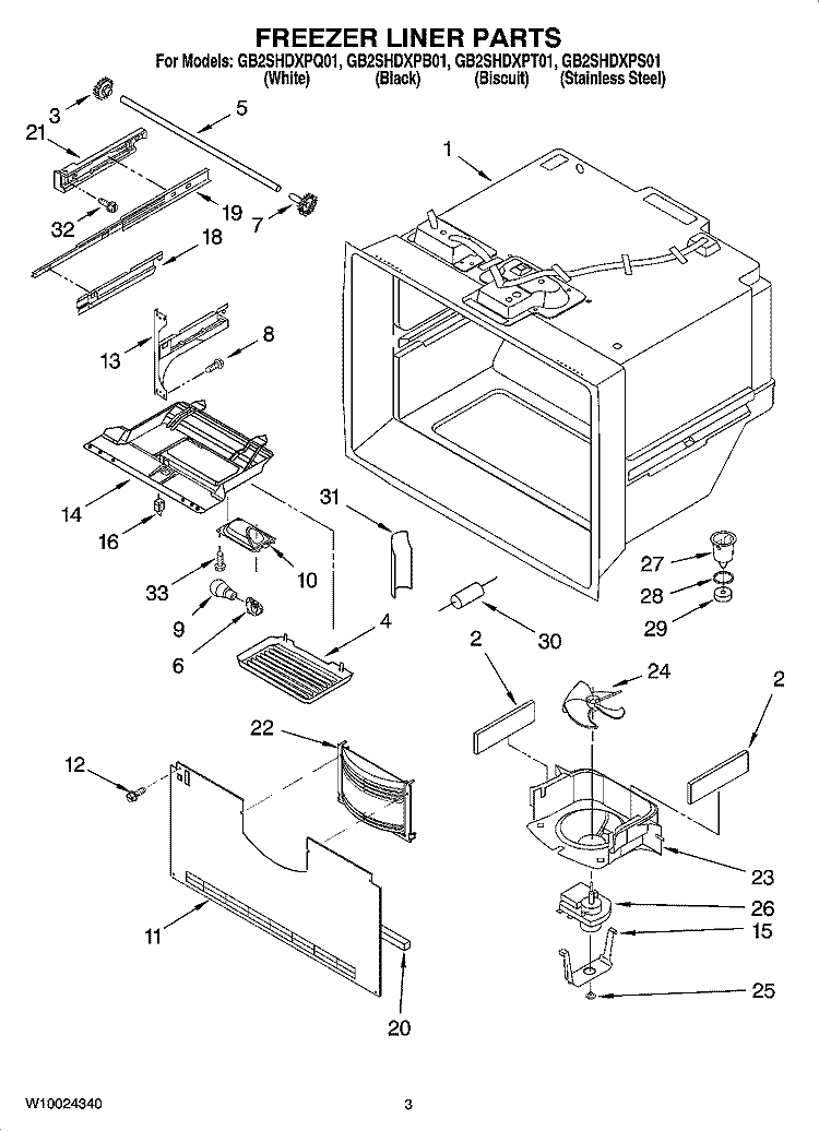 FREEZER LINER PARTS Diagram and Parts List for GB2SHDXPT01  Whirlpool Refrigerator