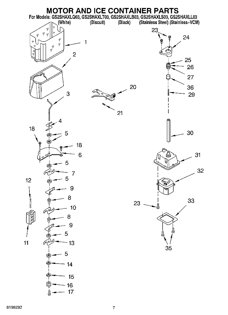MOTOR AND ICE CONTAINER Diagram and Parts List for GS2SHAXLL03  Whirlpool Refrigerator