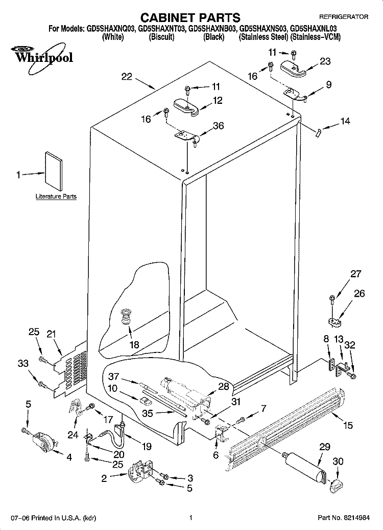 CABINET PARTS Diagram and Parts List for GD5SHAXNL03  Whirlpool Refrigerator