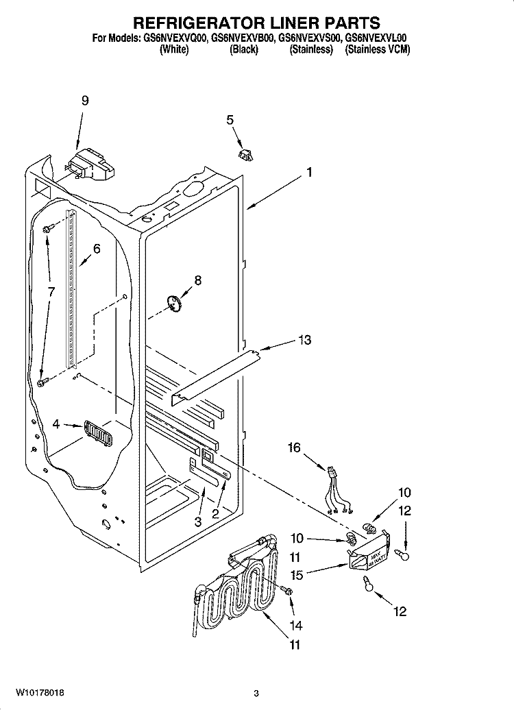REFRIGERATOR LINER PARTS Diagram and Parts List for GS6NVEXVS00  Whirlpool Refrigerator
