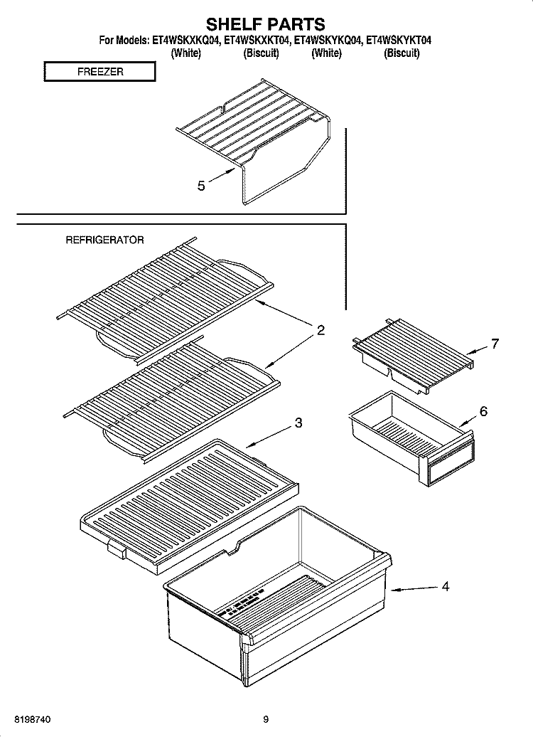 SHELF PARTS, OPTIONAL PARTS Diagram and Parts List for ET4WSKYKQ04  Whirlpool Refrigerator