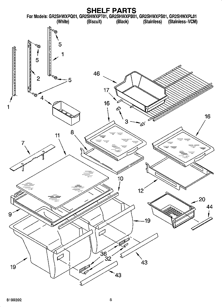 SHELF PARTS Diagram and Parts List for GR2SHWXPL01  Whirlpool Refrigerator