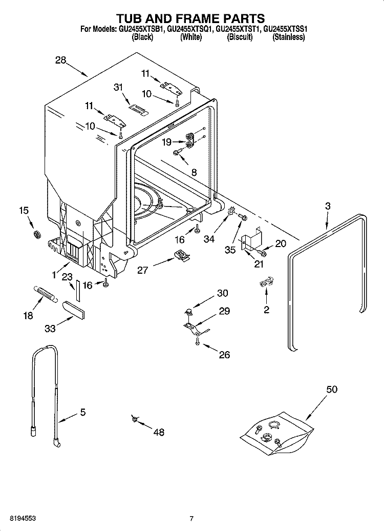 TUB AND FRAME PARTS Diagram and Parts List for  Whirlpool Dishwasher