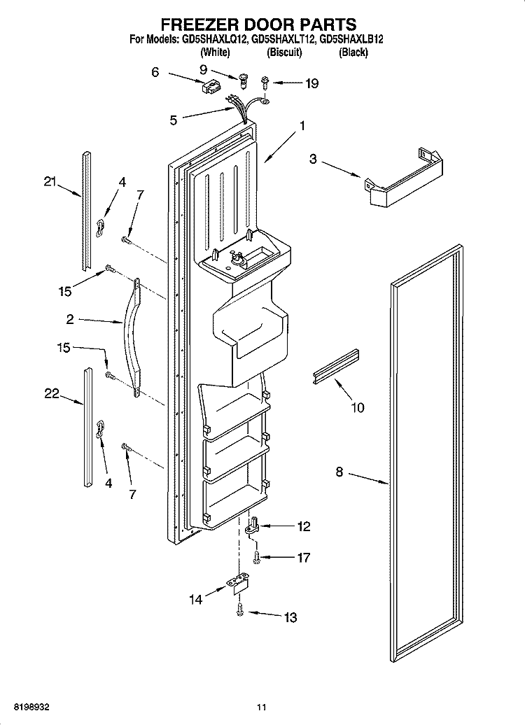 FREEZER DOOR PARTS Diagram and Parts List for GD5SHAXLT12  Whirlpool Refrigerator