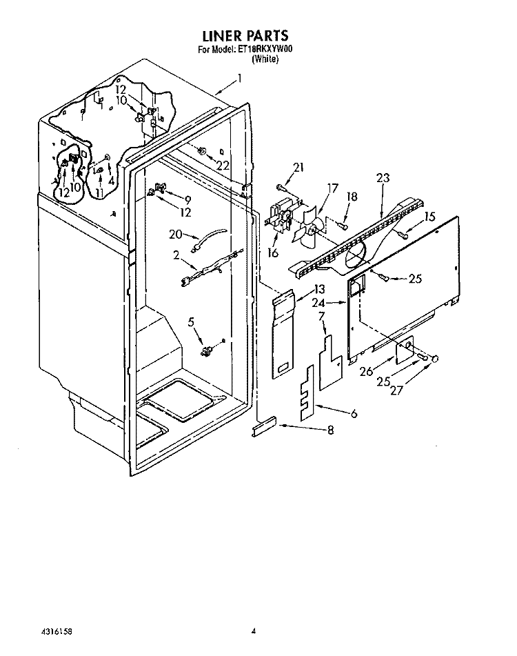 LINER Diagram and Parts List for ET18RKXYN00  Whirlpool Refrigerator