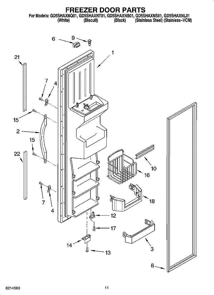 FREEZER DOOR PARTS Diagram and Parts List for GD5SHAXNT01  Whirlpool Refrigerator