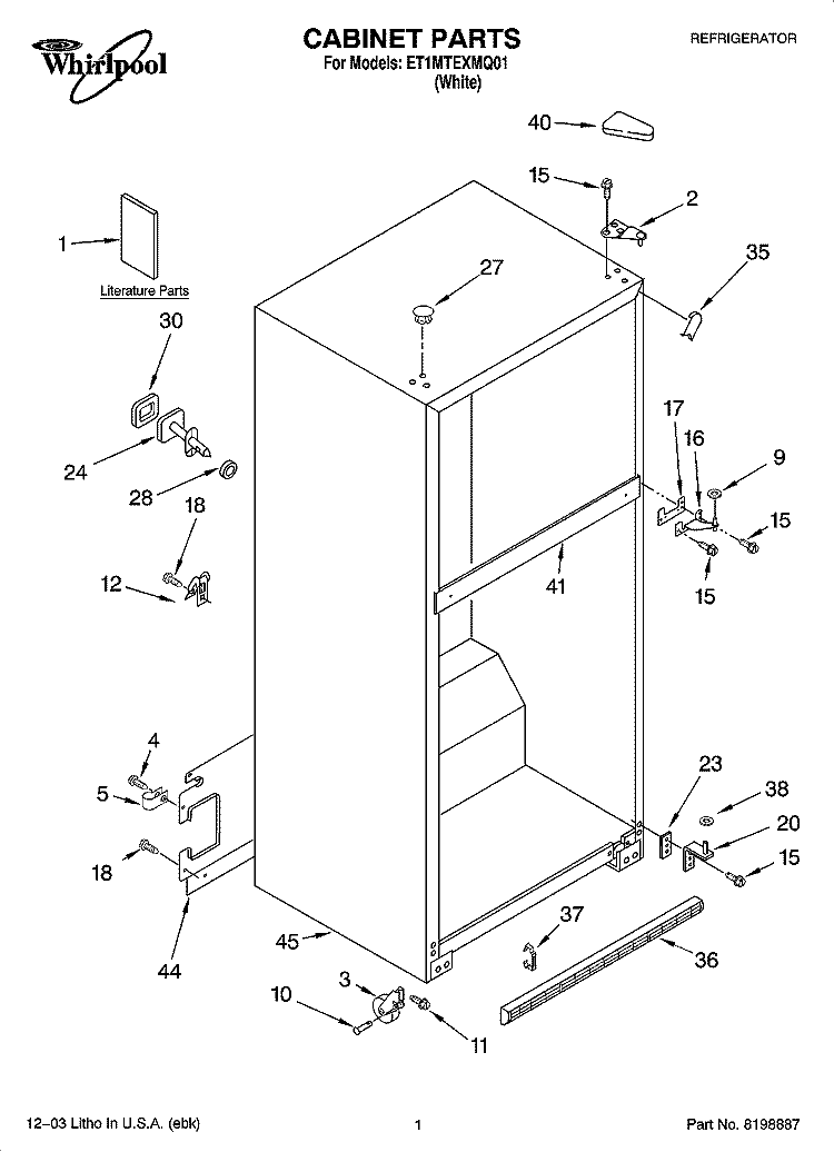CABINET PARTS Diagram and Parts List for ET1MTEXMQ01  Whirlpool Refrigerator