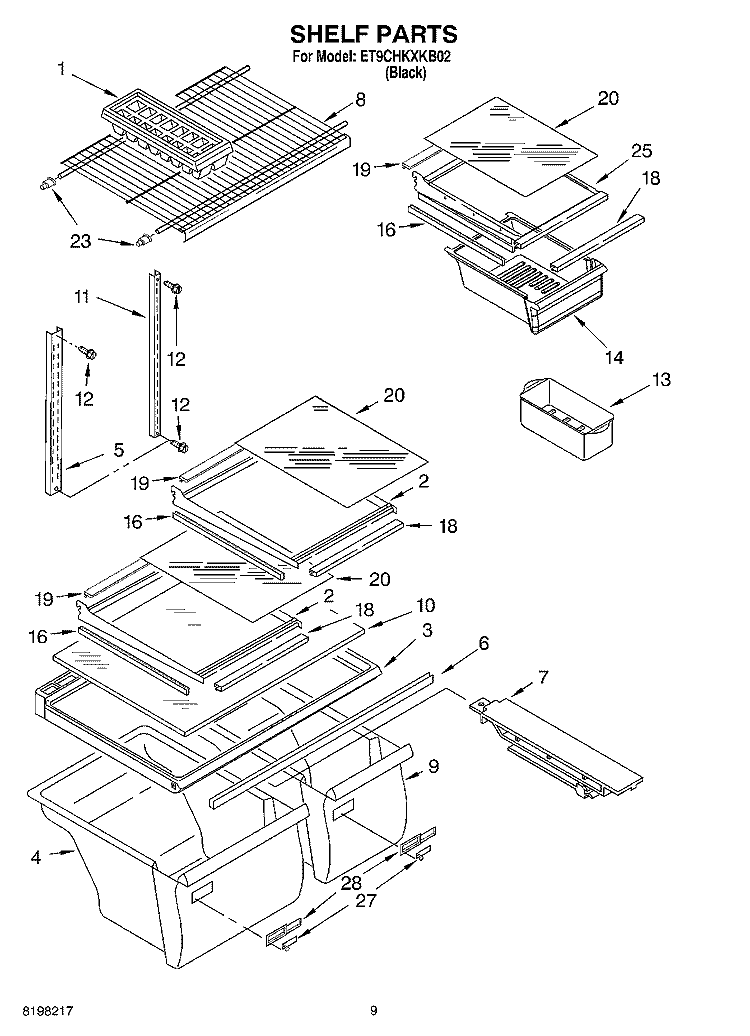 SHELF, OPTIONAL Diagram and Parts List for ET9CHKXKB02  Whirlpool Refrigerator