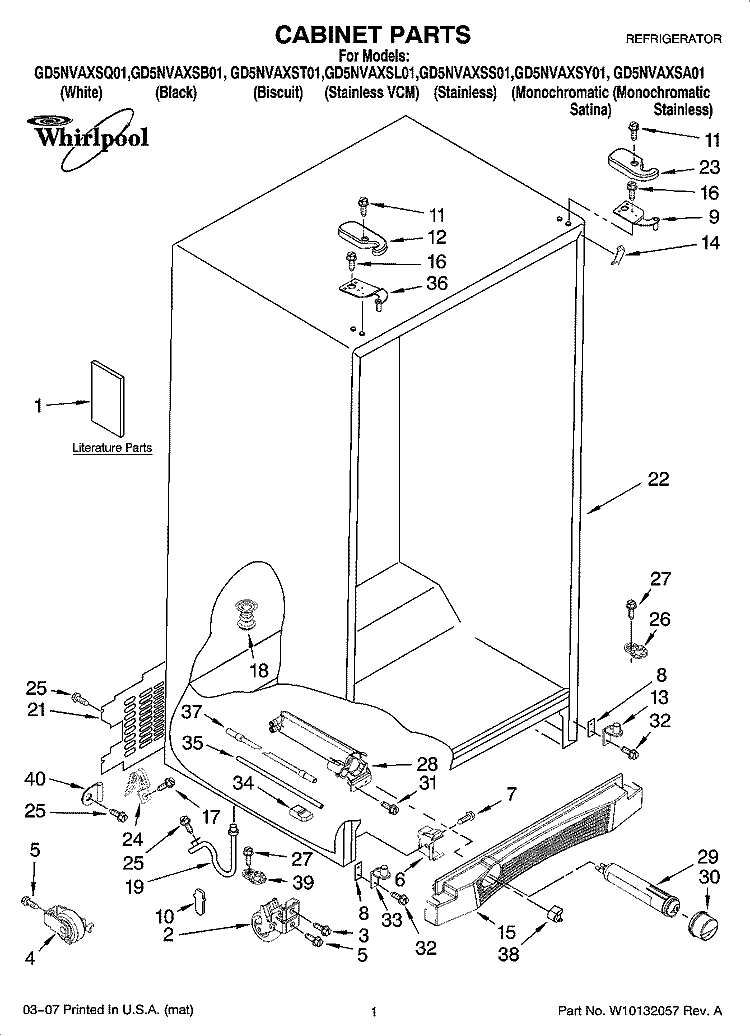 CABINET PARTS Diagram and Parts List for GD5NVAXSS01  Whirlpool Refrigerator