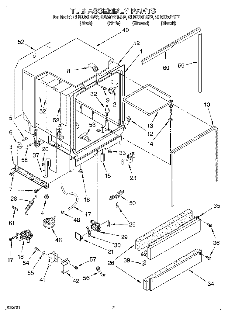 TUB ASSEMBLY Diagram and Parts List for  Whirlpool Dishwasher