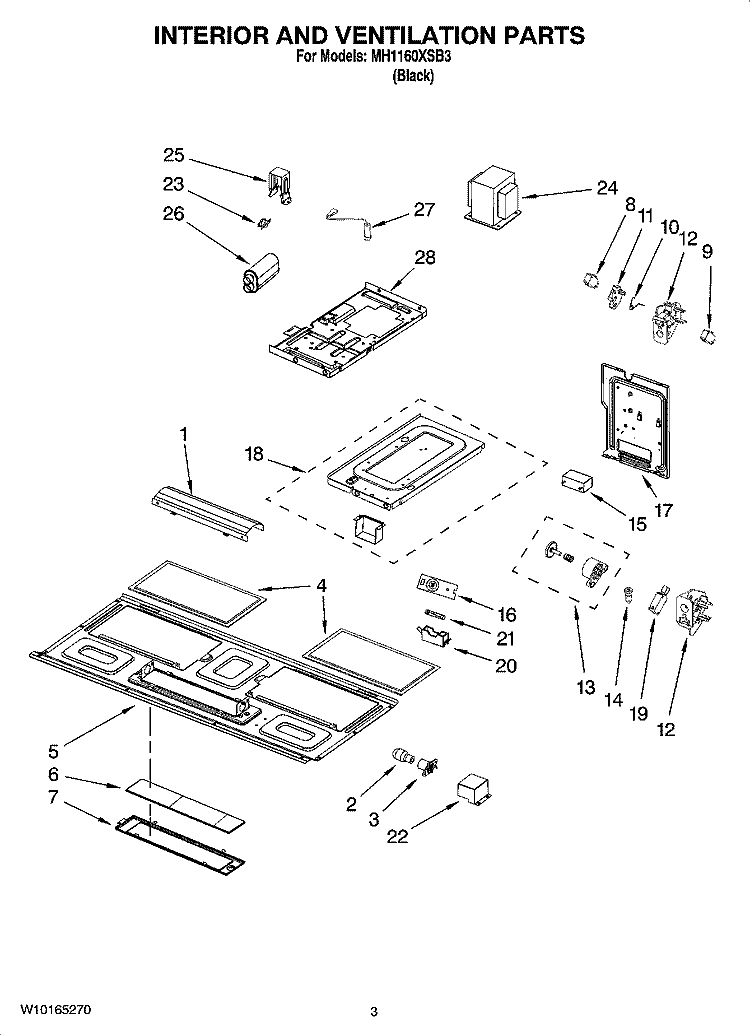 INTERIOR AND VENTILATION PARTS Diagram and Parts List for  Whirlpool Microwave