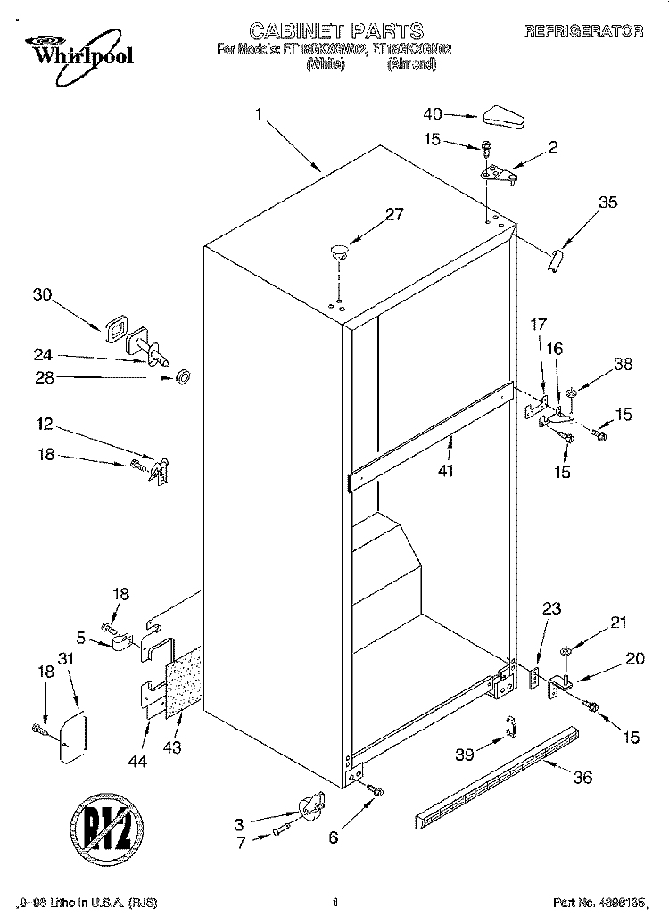 CABINET Diagram and Parts List for ET18GKXGW02  Whirlpool Refrigerator