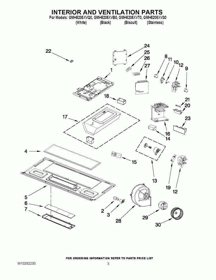 INTERIOR AND VENTILATION PARTS Diagram and Parts List for  Whirlpool Microwave