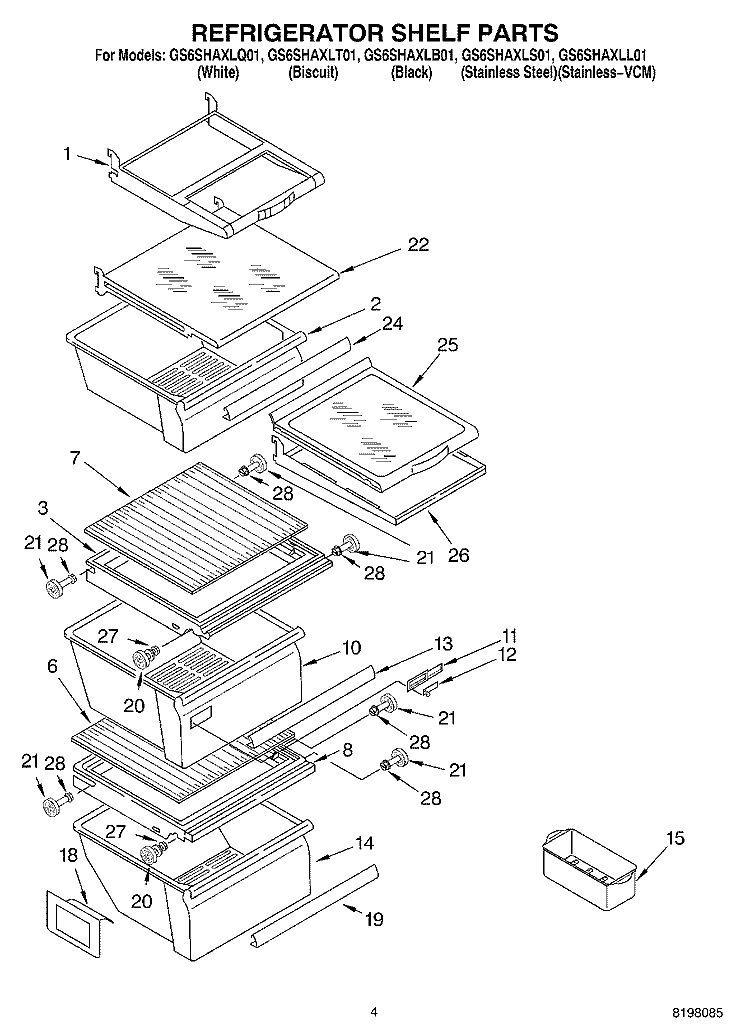 REFRIGERATOR SHELF Diagram and Parts List for GS6SHAXLT01  Whirlpool Refrigerator