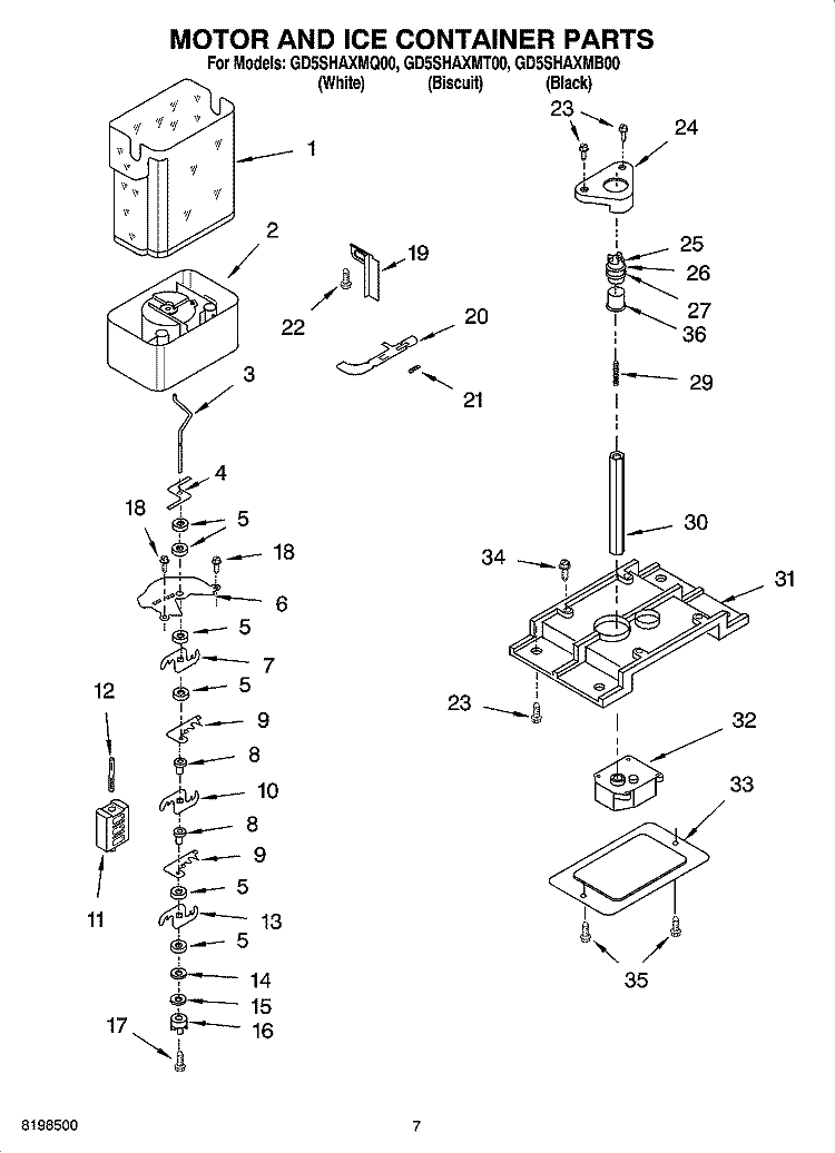 MOTOR AND ICE CONTAINER PARTS Diagram and Parts List for GD5SHAXMB00  Whirlpool Refrigerator