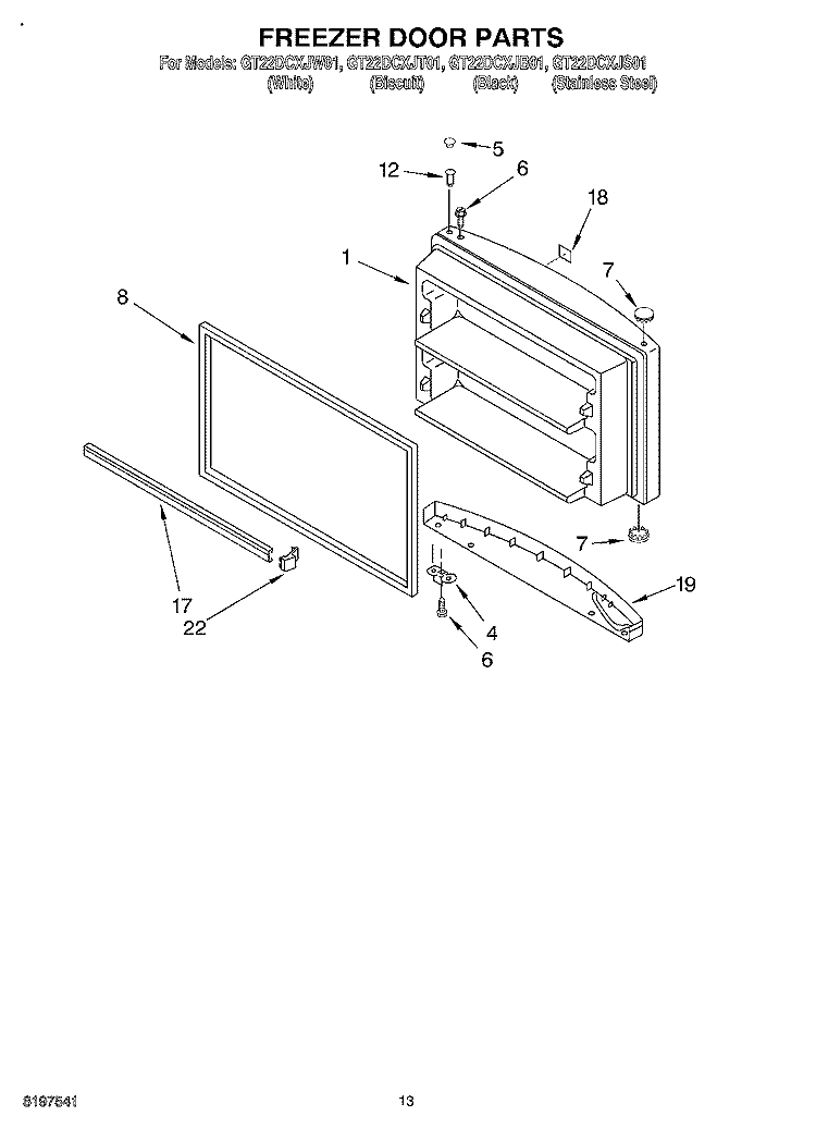 FREEZER DOOR, OPTIONAL Diagram and Parts List for GT22DCXJB01  Whirlpool Refrigerator