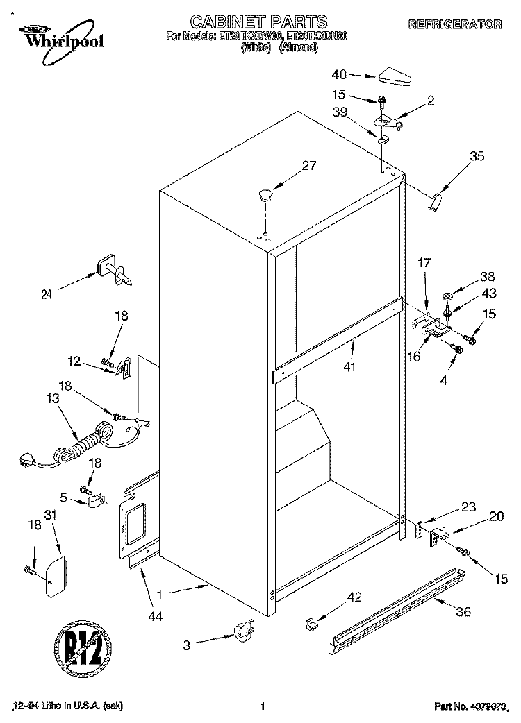 CABINET Diagram and Parts List for ET20TKXDW00  Whirlpool Refrigerator