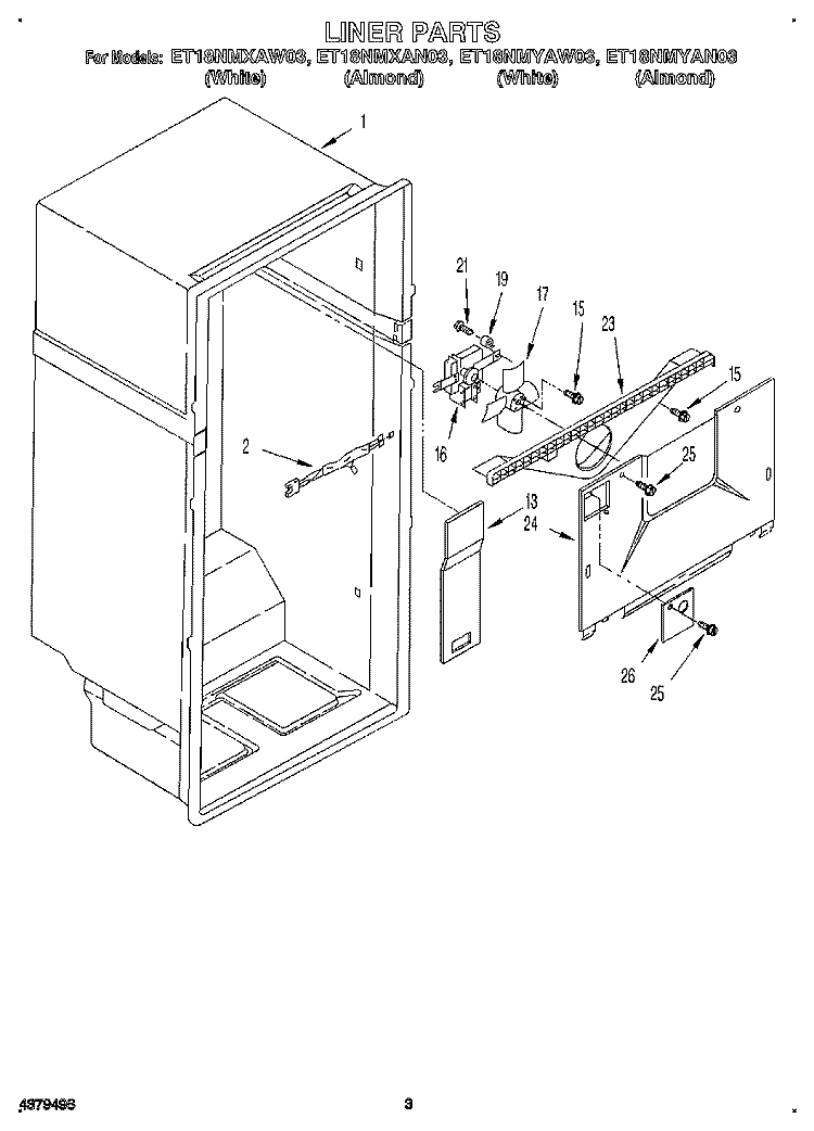 LINER Diagram and Parts List for ET18NMXAN03  Whirlpool Refrigerator