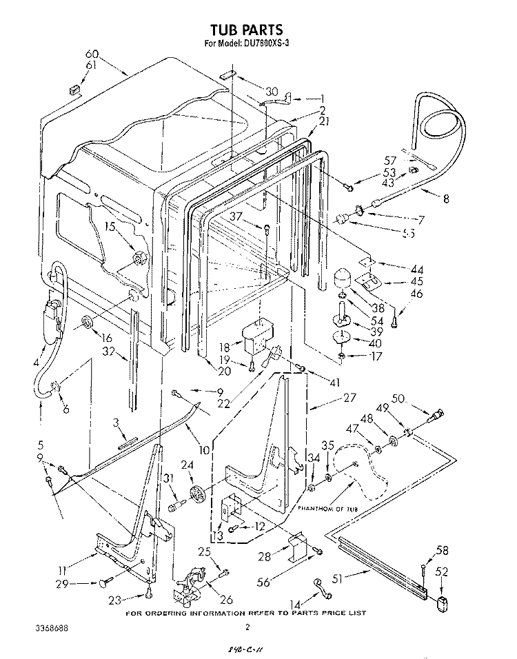 TUB , LITERATURE AND OPTIONAL Diagram and Parts List for  Whirlpool Dishwasher