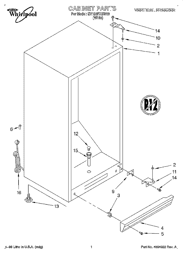 CABINET Diagram and Parts List for  Whirlpool Freezer